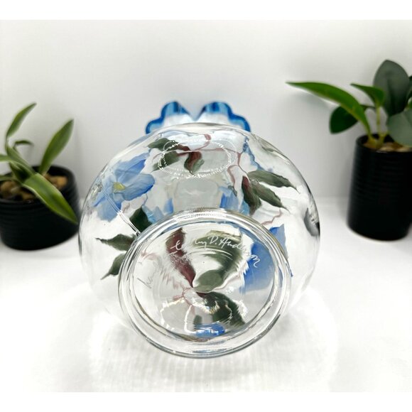 Fenton Blue Floral • Opalescent Rib Base Ruffled Aqua Crest Vase Signed - Picture 5 of 9